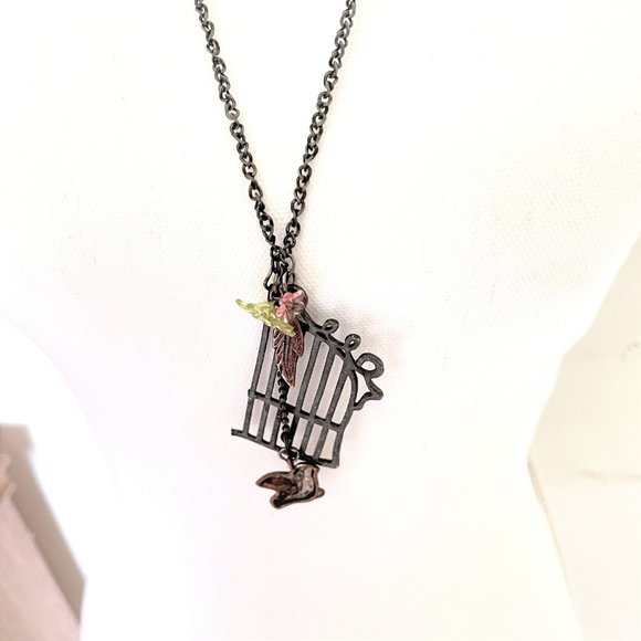 Vintage Bird Cage Pull Over Pendant Necklace Oxidized Twisted Curb Chain - Picture 6 of 6